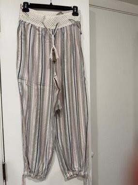 Surf Gypsy Striped Crochet Waist Trousers in Cream, Pink, Gray